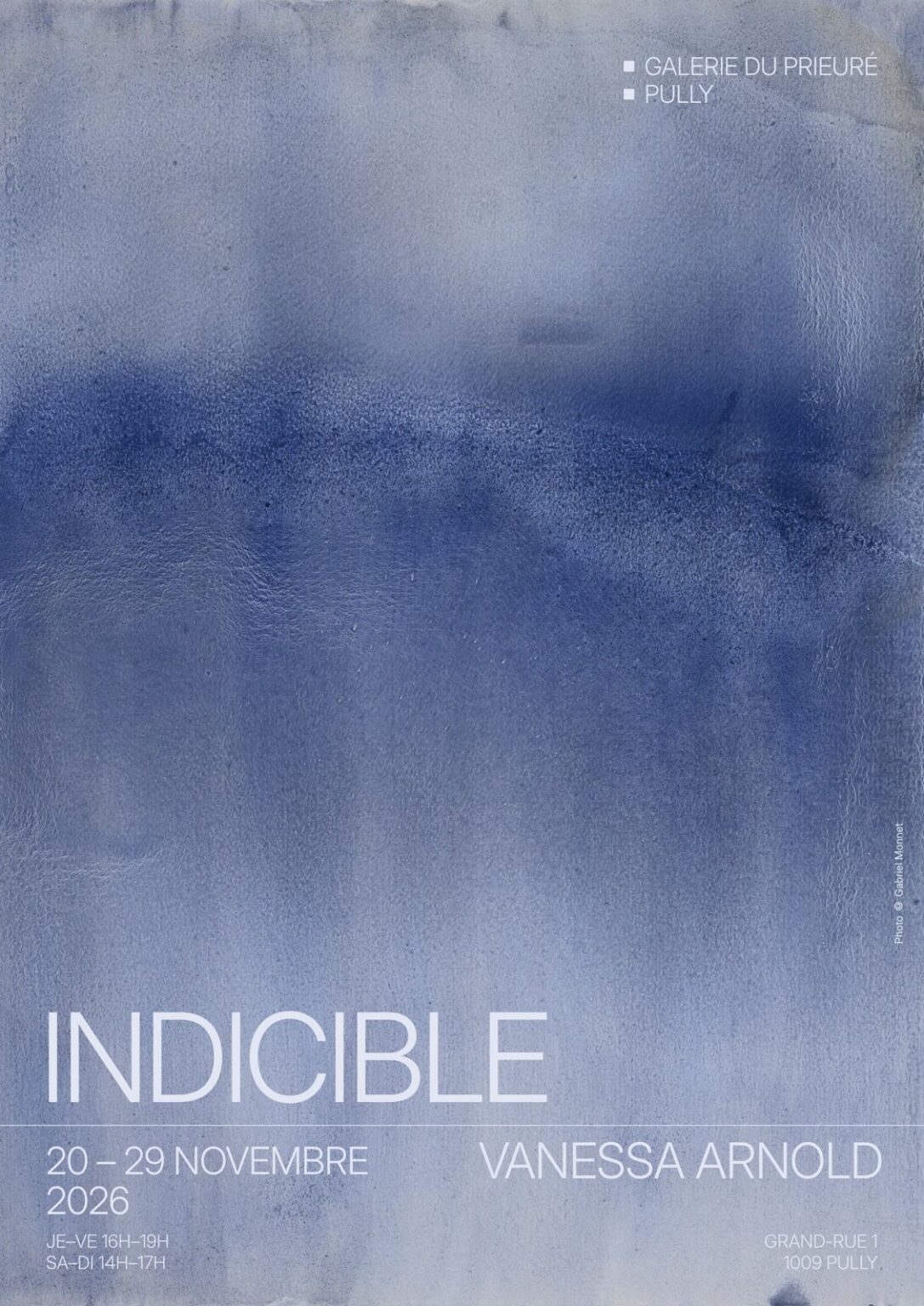 Affiche de l’exposition Indicible de Vanessa Arnold, Galerie du Prieuré, Pully, 20–29 novembre 2026
