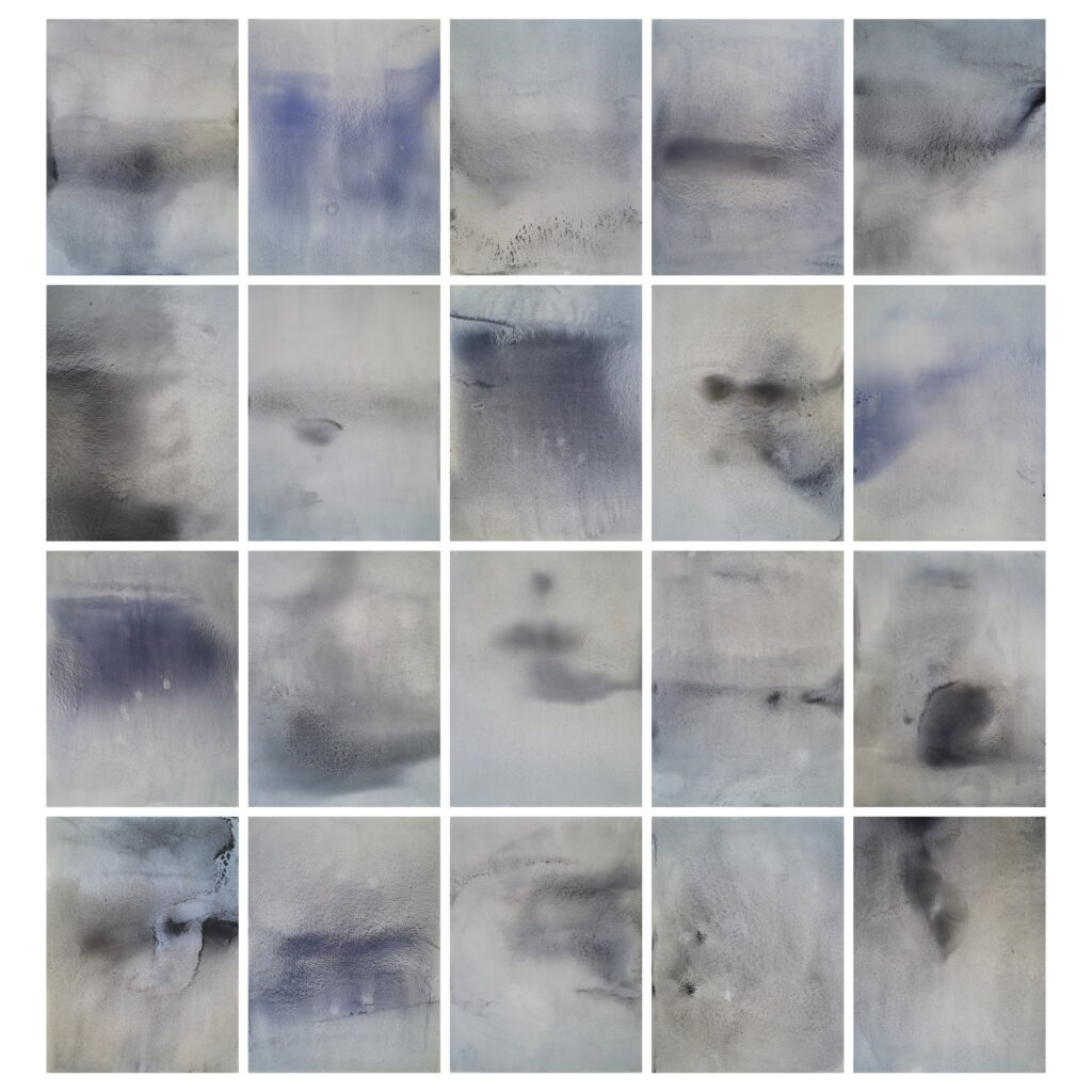 Fresque, vingt fragments, huile sur papier Arches, 31×41 cm chacun, 2026